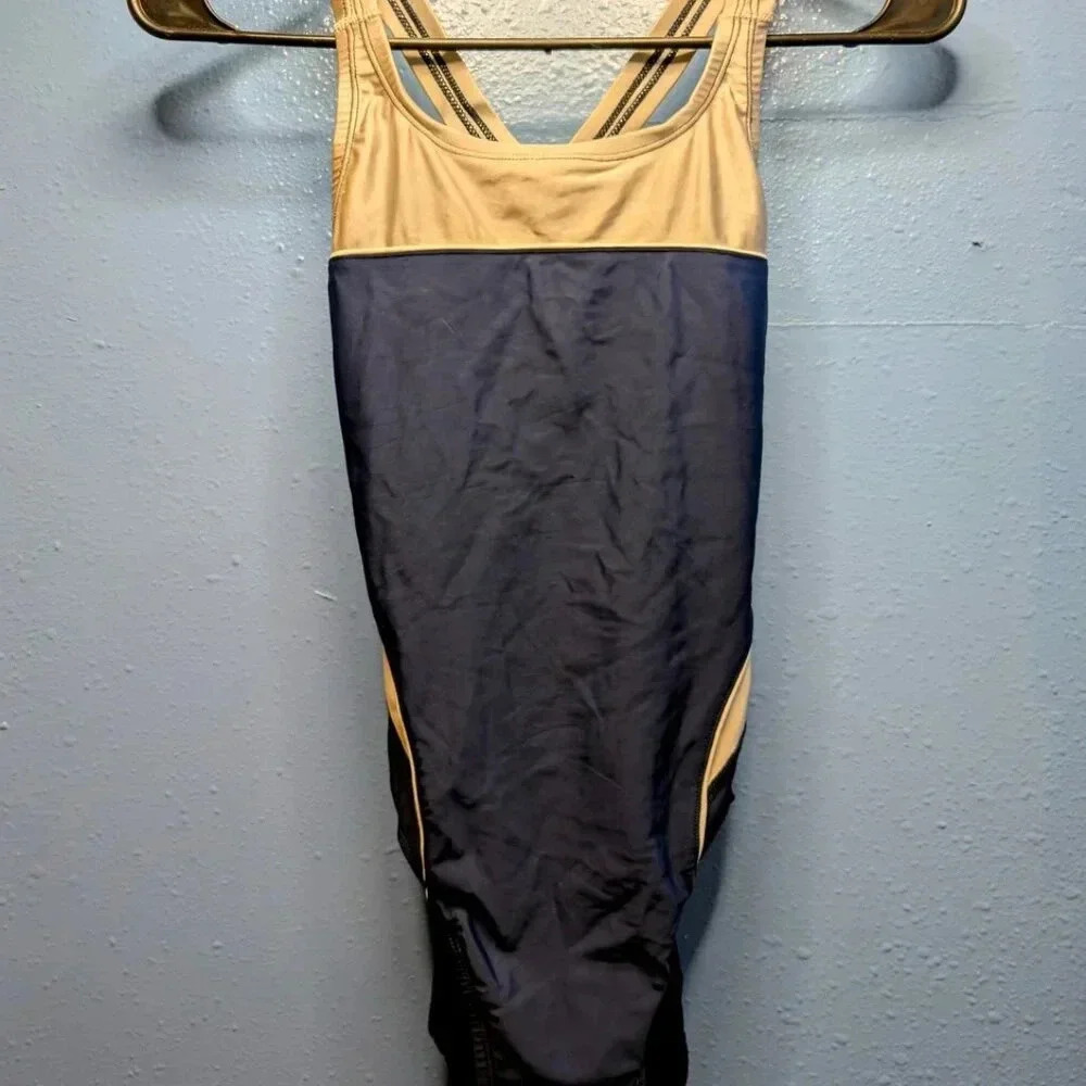 Nike women's one-piece size 30 XS blue tan sporty racerback bathing swimsuit